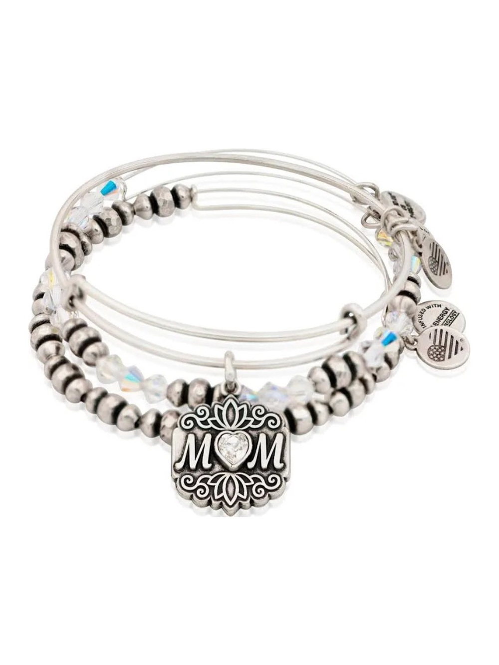 NWT! NIP! Alex andAni MOM Set of 3 Charm Beaded Bangle Bracelet - Silver